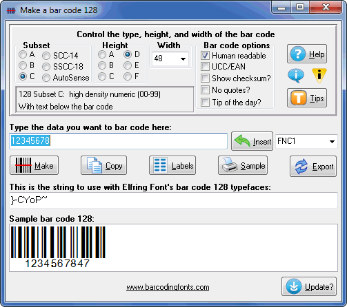 Print bar code 128, EAN-128, SCC-14, SSCC-18 on labels, packaging, or gif/jpg.