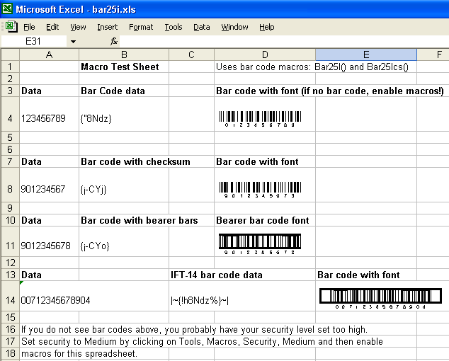 Barcode 2/5 interleaved in Excel screen shot
