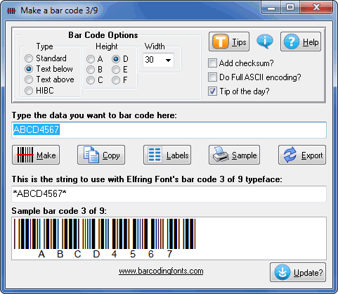 Print bar code 39 from Windows on sheet labels, custom packaging, or as gif/jpg