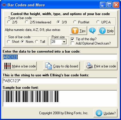 Bar Codes and More - OpenType bar codes 2/5, 3/9, PostNet, UPC-A