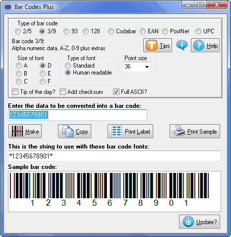Print your own bar codes with 2/5, 3/9, 128, EAN, PostNet, UPC TrueType fonts