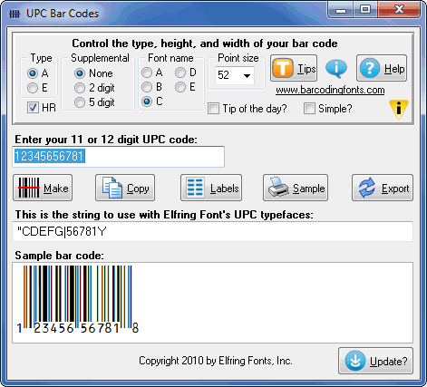 Print your own UPC-A  UPC-E barcodes using fonts or export as a bmp, gif or jpg