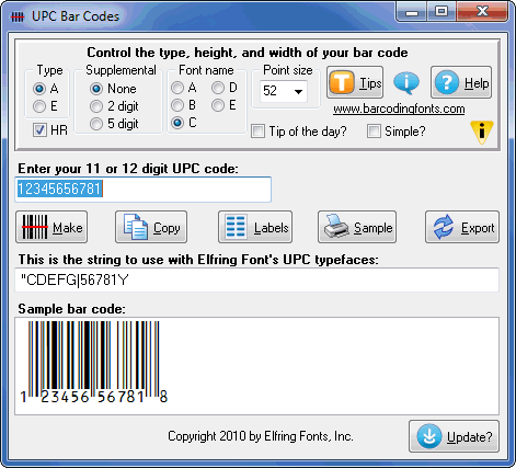 Screenshot of UPC Bar Codes