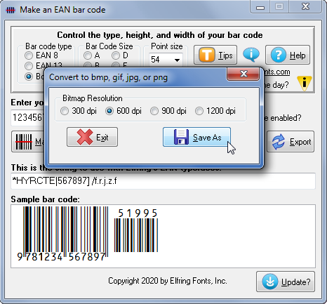 Exporting EAN barcode graphics