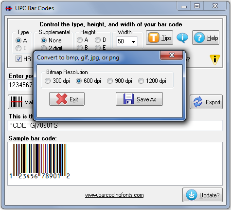 Exporting UPC barcode graphics