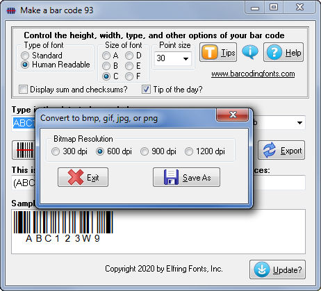 Software to export bar code 93 barcode graphics