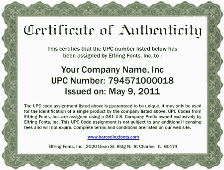 UPC Code Certificate of Authenticity