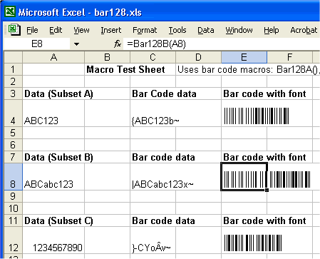 Barcode 128 in Excel screen shot