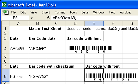Barcode 39 in Excel screen shot
