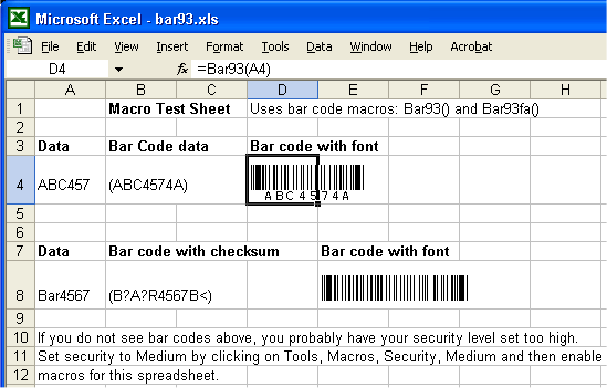 Barcode 93 in Excel screen shot