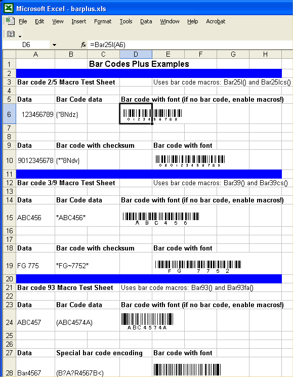 Bar Codes Plus in Excel screen shot