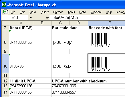 UPC Bar Codes in Excel screen shot
