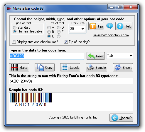 Click to see the Barcode 93 font software utility that comes with this package
