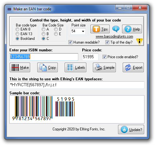 Click to see the EAN Bar Code font software utility that comes with this package