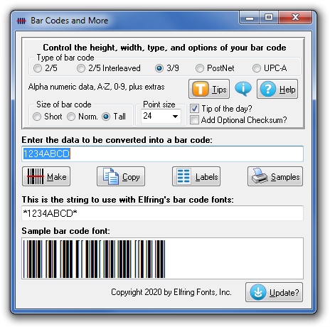 Click to see the Bar Codes and More font software utility that comes with this package
