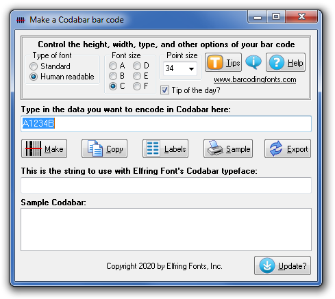 Click to see the Codabar font software utility that comes with this package